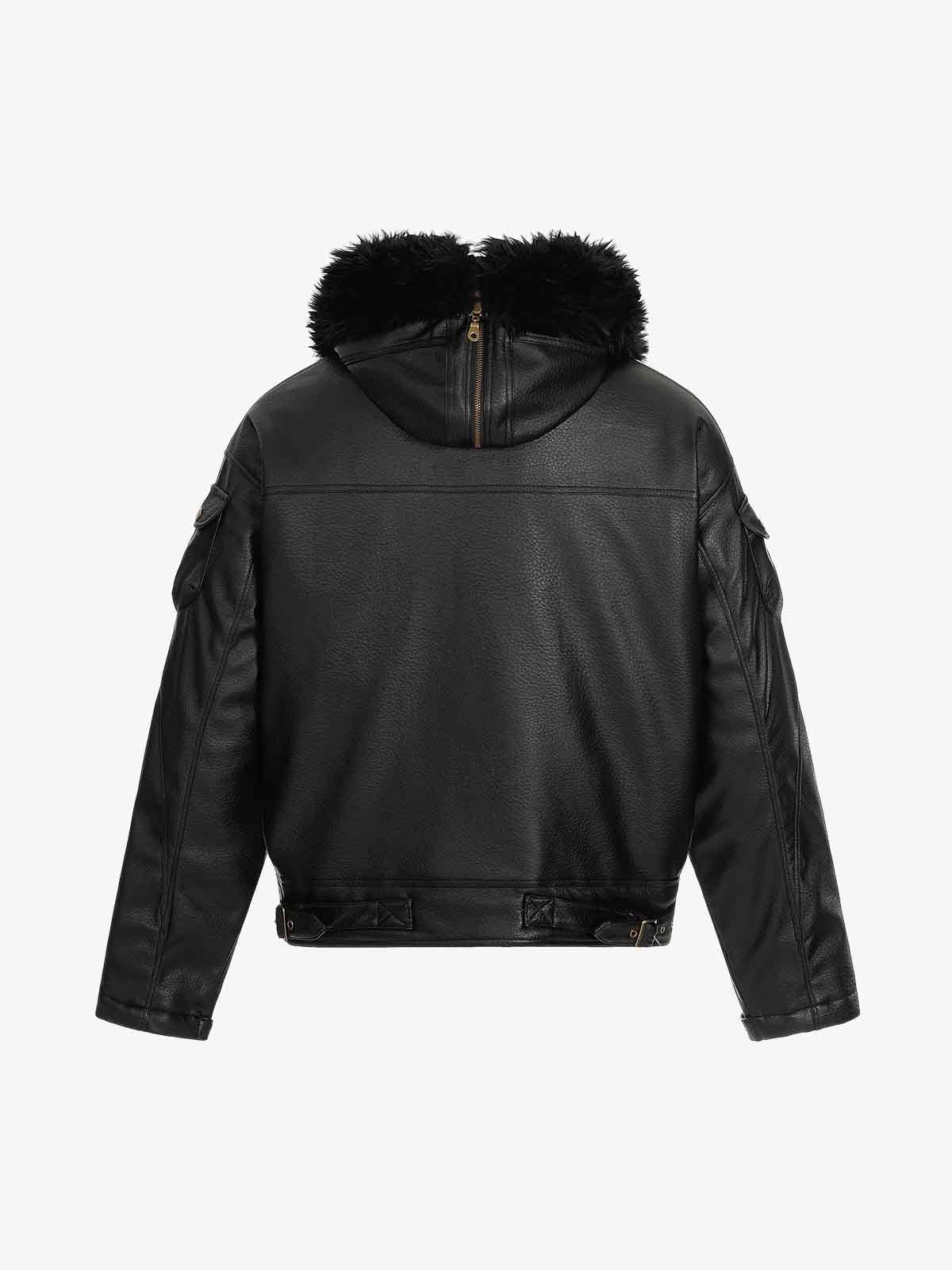 Retro Detachable Fur Collar PU Multi-Pocket Bomber Jacket - Image 7