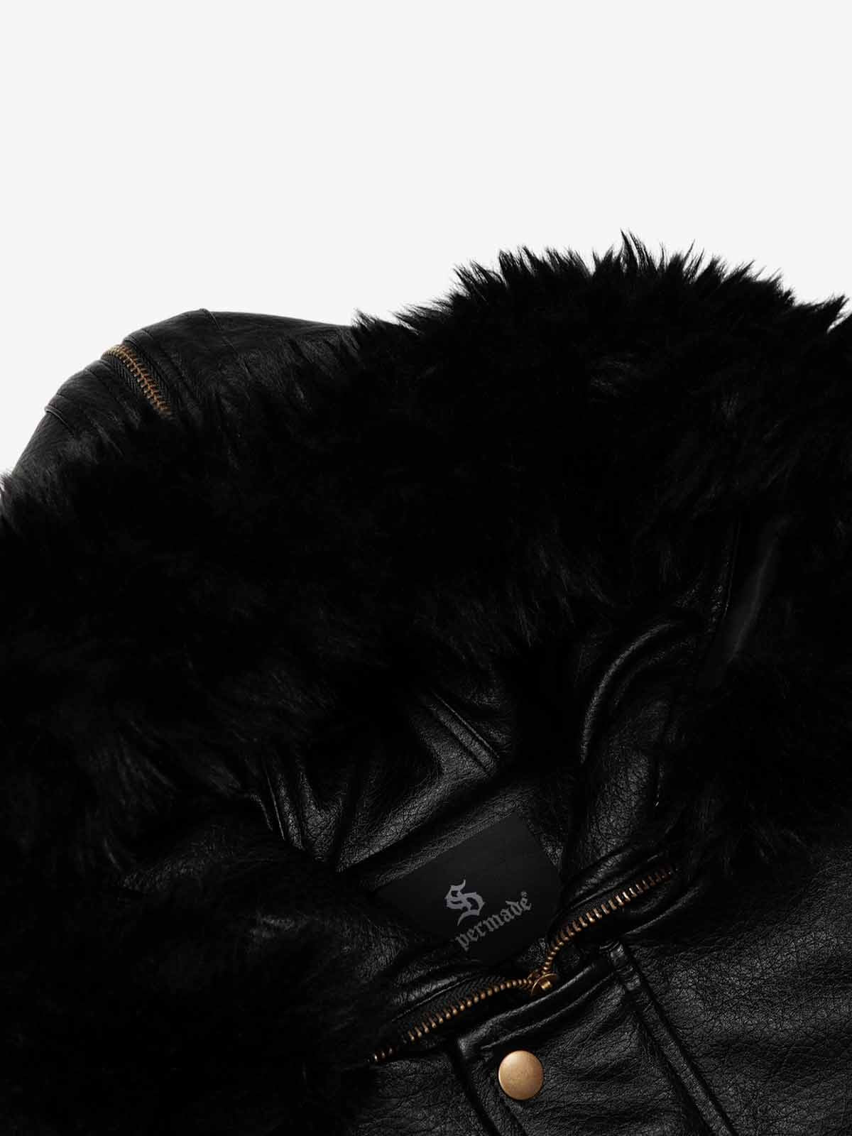 Retro Detachable Fur Collar PU Multi-Pocket Bomber Jacket - Image 8
