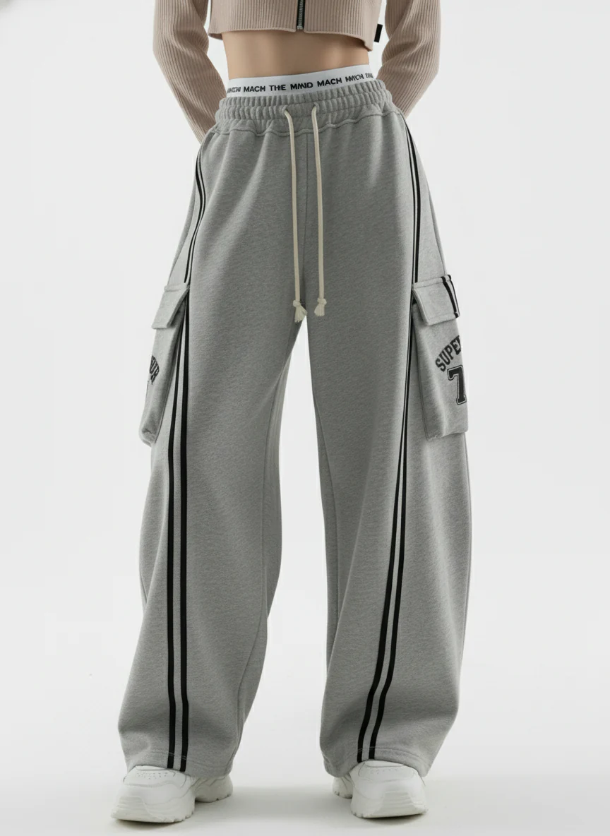 Cotton Web Stitching Letter Print Drawstring Barrel Pants
