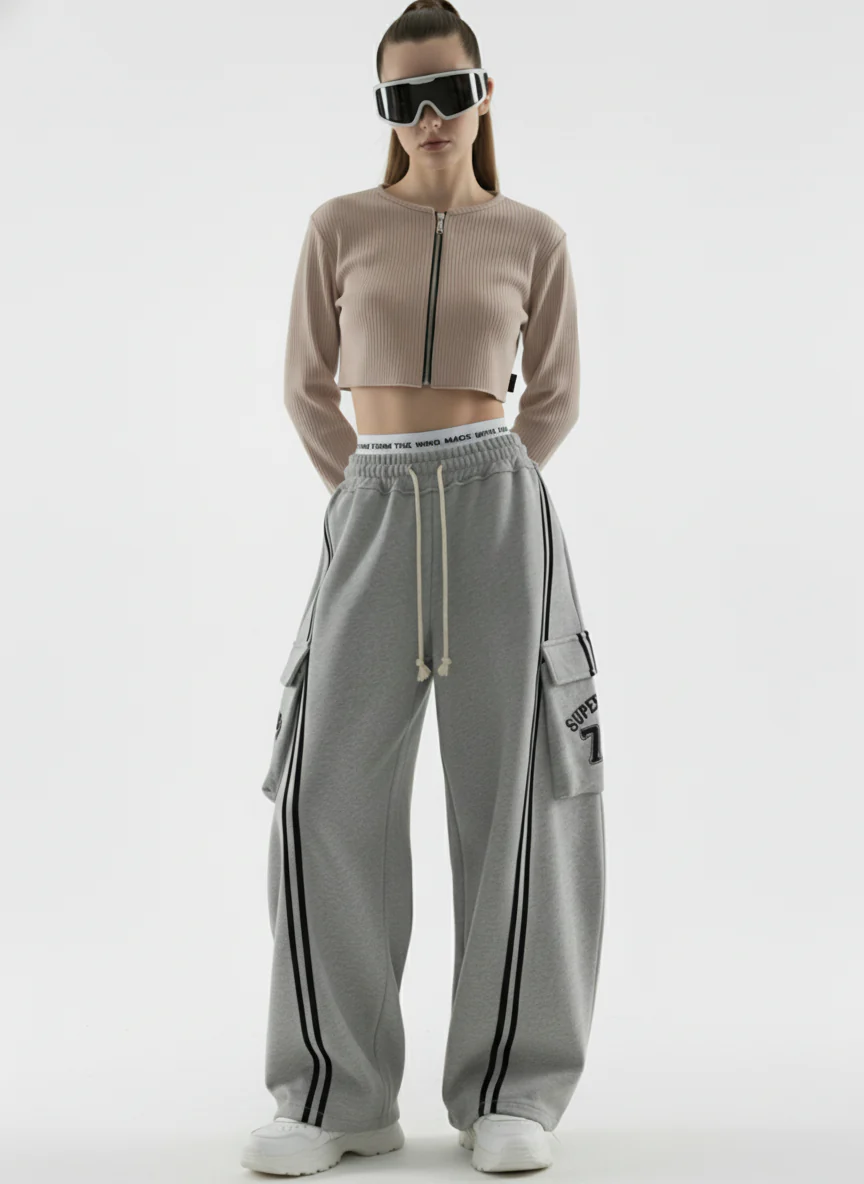 Cotton Web Stitching Letter Print Drawstring Barrel Pants - Image 4