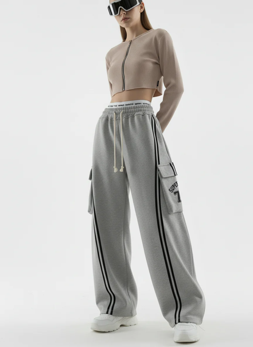 Cotton Web Stitching Letter Print Drawstring Barrel Pants - Image 5