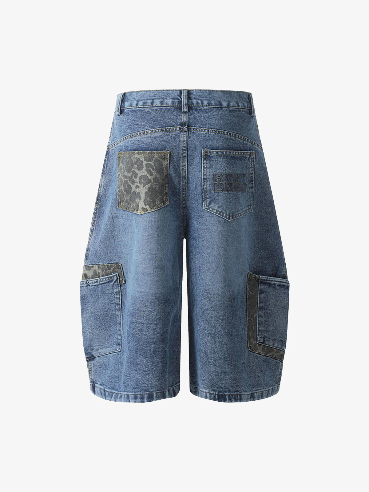 Washed Cheetah Print Patchwork Denim Jorts - Image 10
