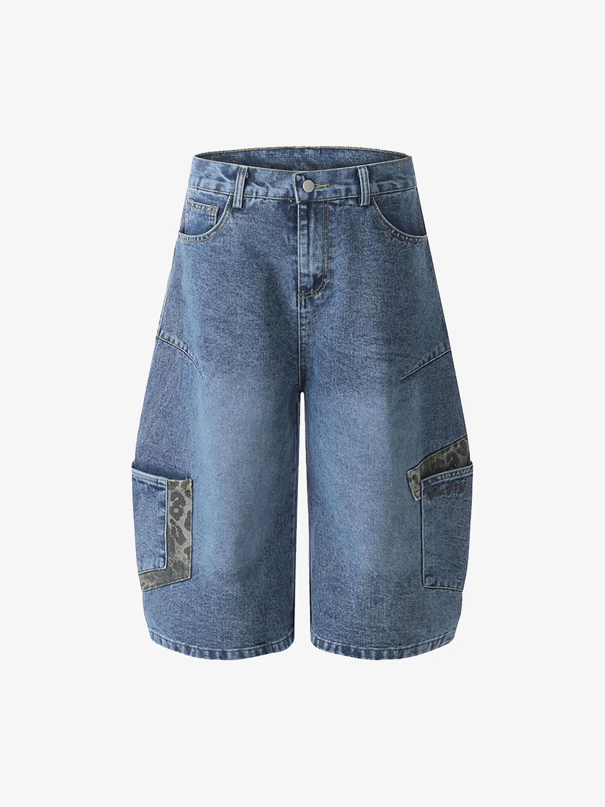 Washed Cheetah Print Patchwork Denim Jorts - Image 9