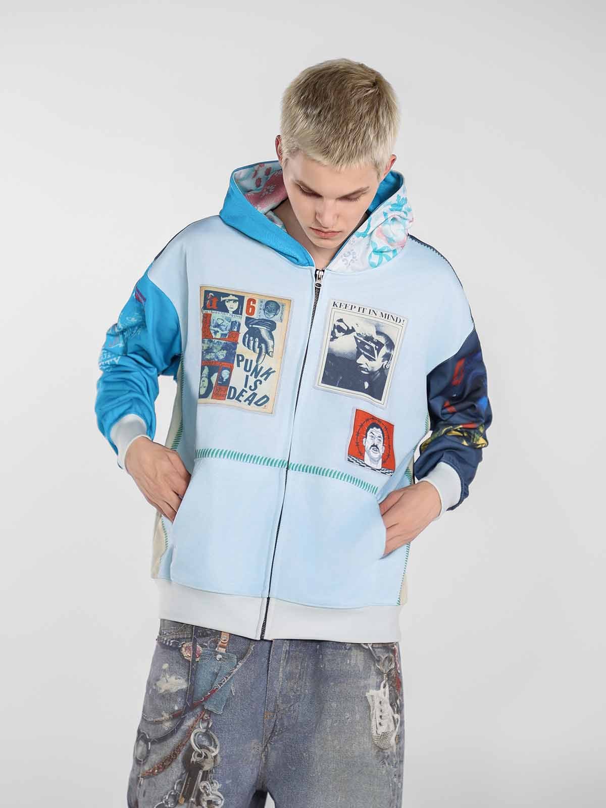 Stylish Graphic Hoodie with Unique Patchwork Design for Men - Image 5