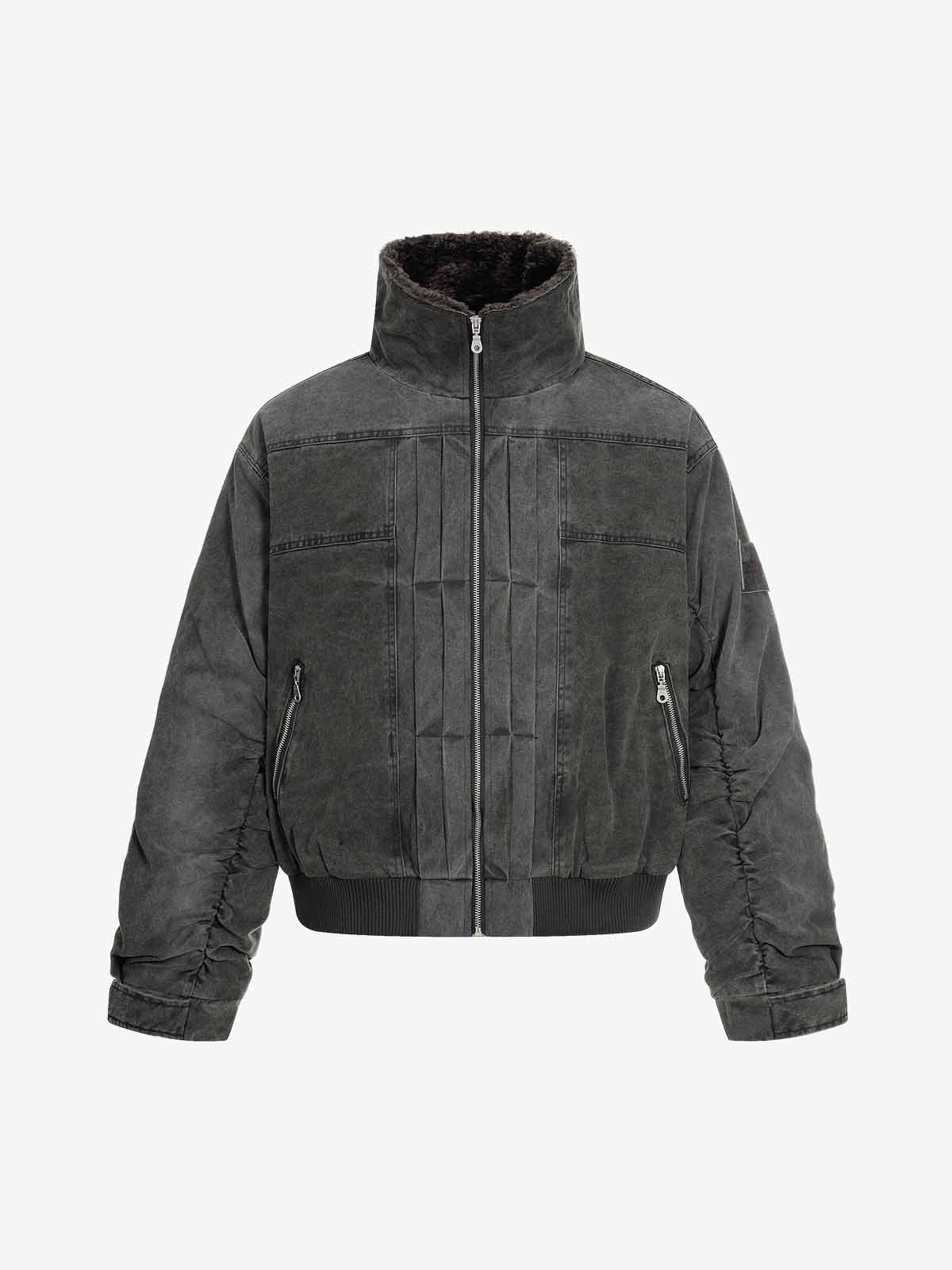 Vintage Distressed Pleated Shearling Collar Fleece Jacket - Image 2