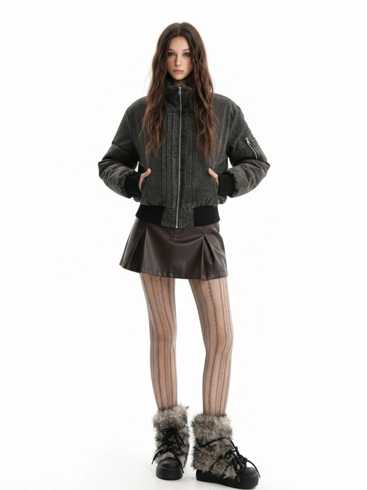 Vintage Distressed Pleated Shearling Collar Fleece Jacket - Image 3