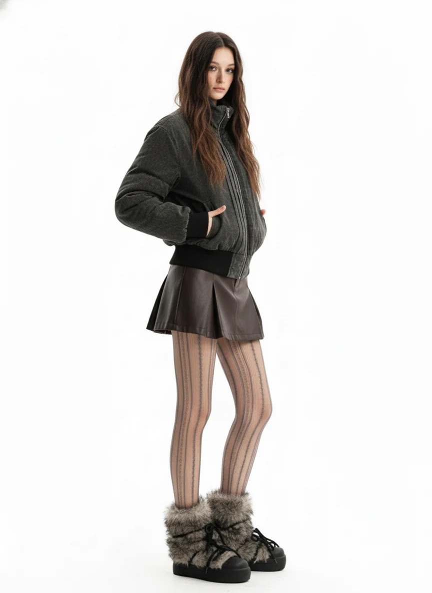Vintage Distressed Pleated Shearling Collar Fleece Jacket - Image 5