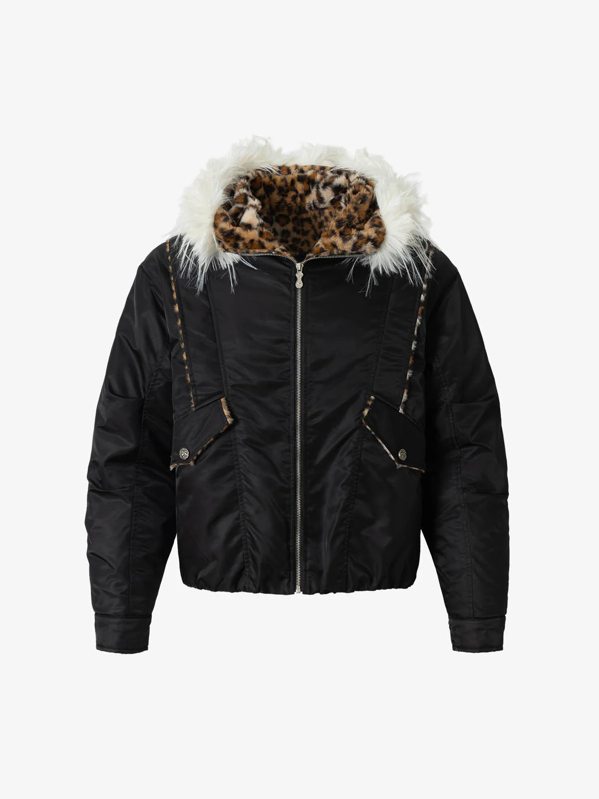 Retro Fur Collar Leopard Lined Bomber Jacket - Image 2