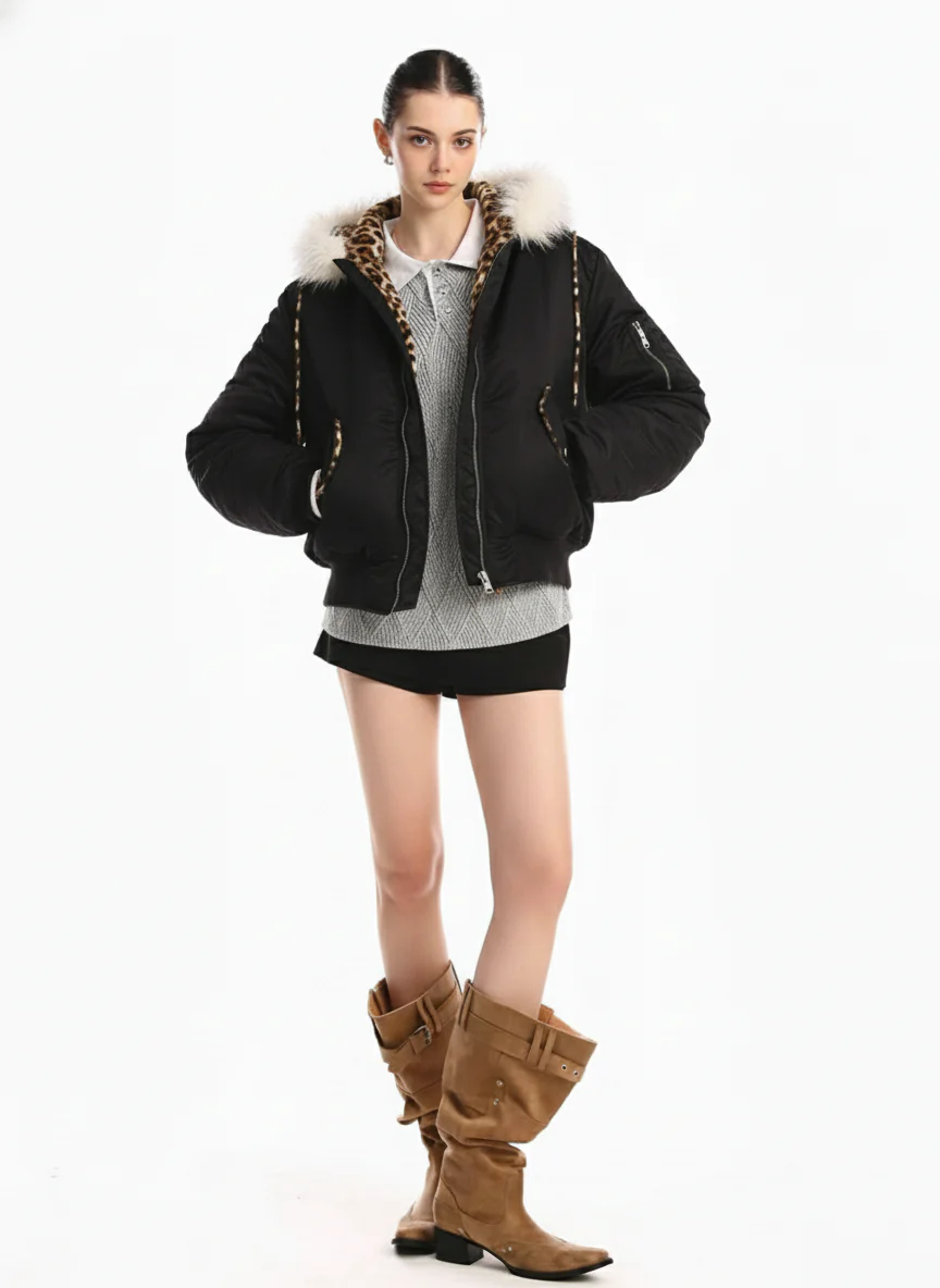 Retro Fur Collar Leopard Lined Bomber Jacket - Image 3