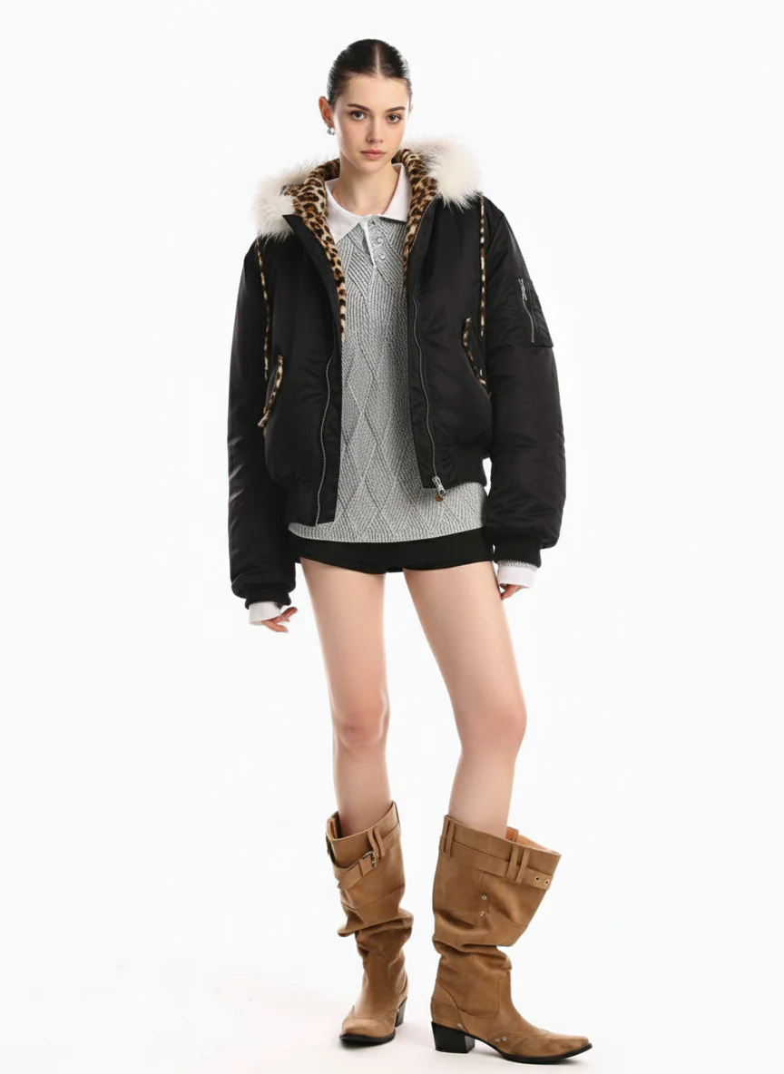 Retro Fur Collar Leopard Lined Bomber Jacket - Image 4