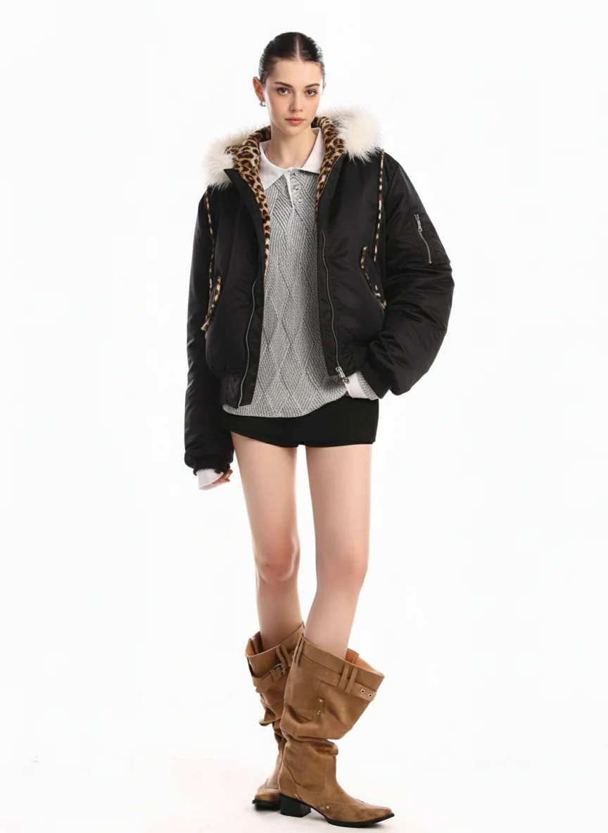 Retro Fur Collar Leopard Lined Bomber Jacket - Image 5