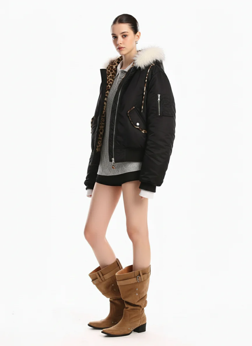Retro Fur Collar Leopard Lined Bomber Jacket - Image 6