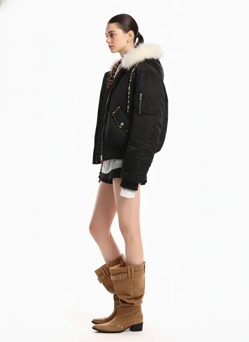 Retro Fur Collar Leopard Lined Bomber Jacket - Image 7