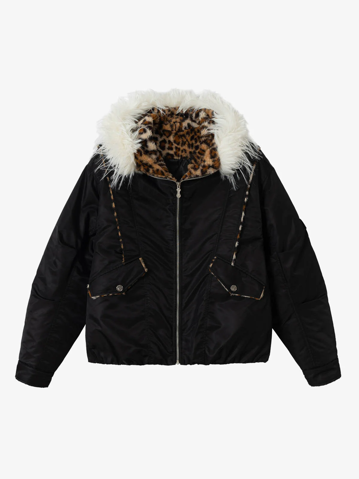 Retro Fur Collar Leopard Lined Bomber Jacket - Image 9