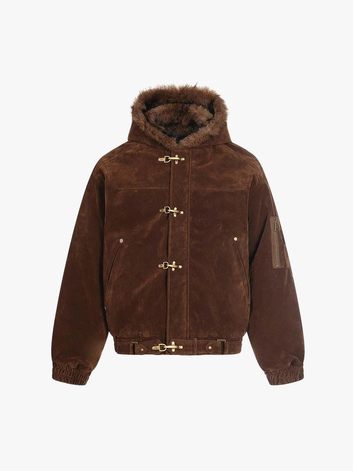 Fur Collar Suede Toggle Closure Padded Bomber Jacket - Image 2