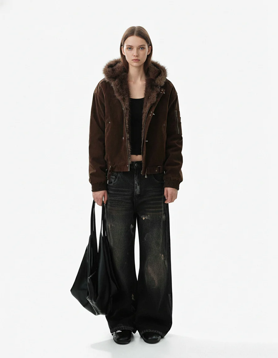 Fur Collar Suede Toggle Closure Padded Bomber Jacket - Image 3