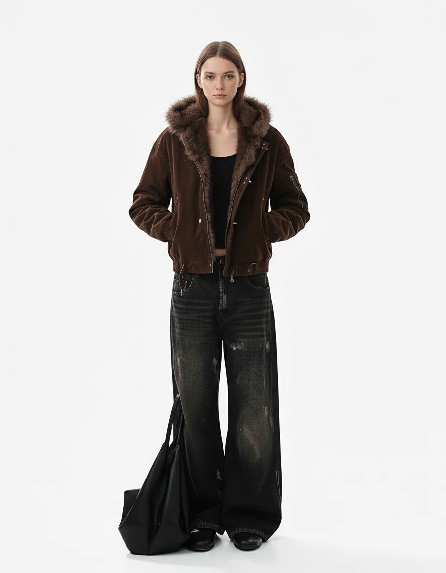 Fur Collar Suede Toggle Closure Padded Bomber Jacket - Image 4