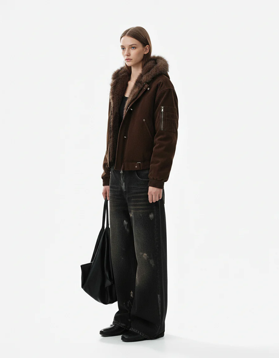 Fur Collar Suede Toggle Closure Padded Bomber Jacket - Image 5