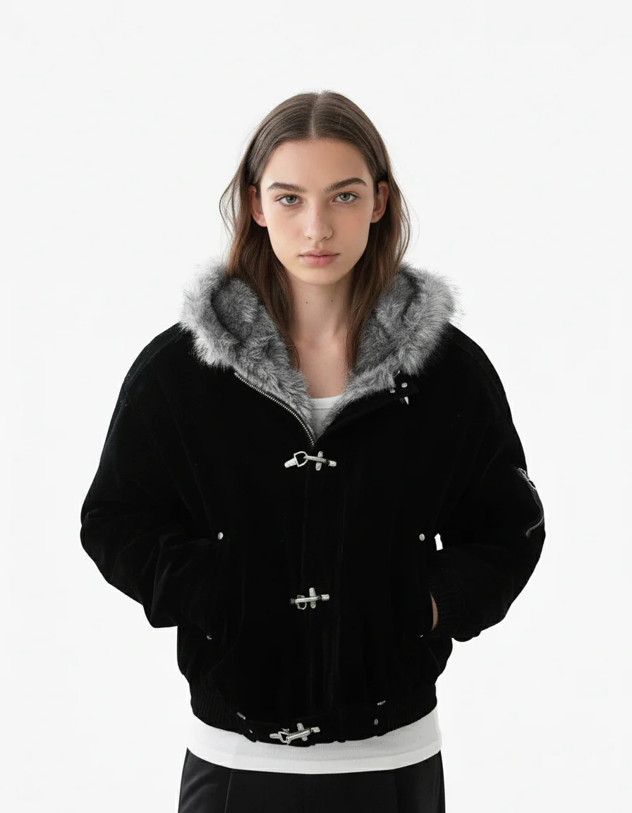 Fur Collar Suede Toggle Closure Padded Bomber Jacket - Image 7