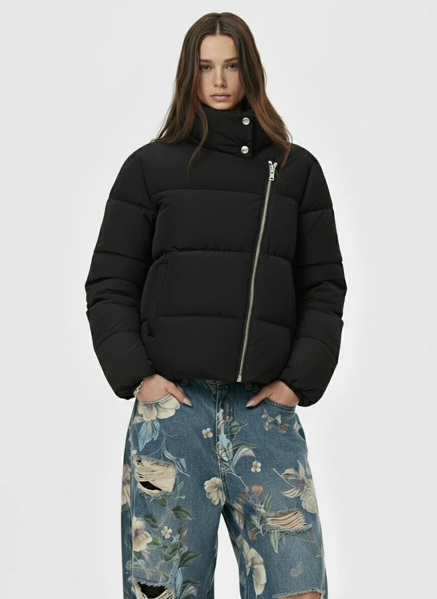 Vintage Asymmetric Zip High-Neck Puffer Jacket