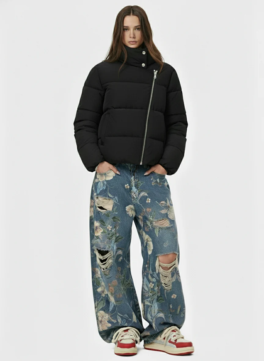 Vintage Asymmetric Zip High-Neck Puffer Jacket - Image 3