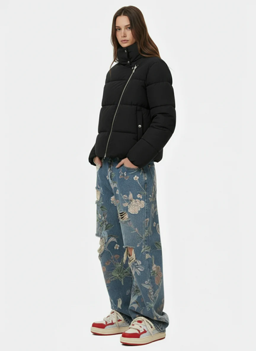Vintage Asymmetric Zip High-Neck Puffer Jacket - Image 5