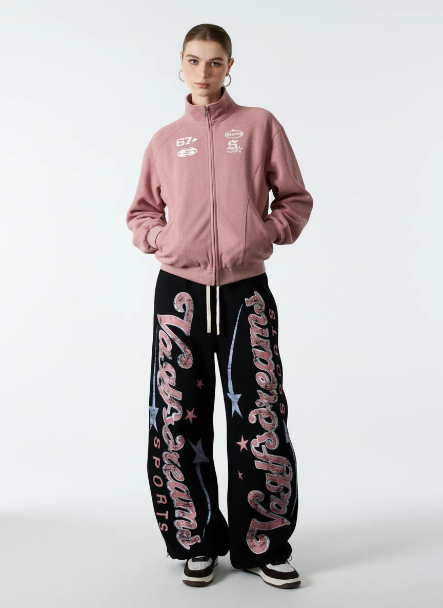 Retro Graphic Fleece-Lined Baggy Sweatpants - Image 3