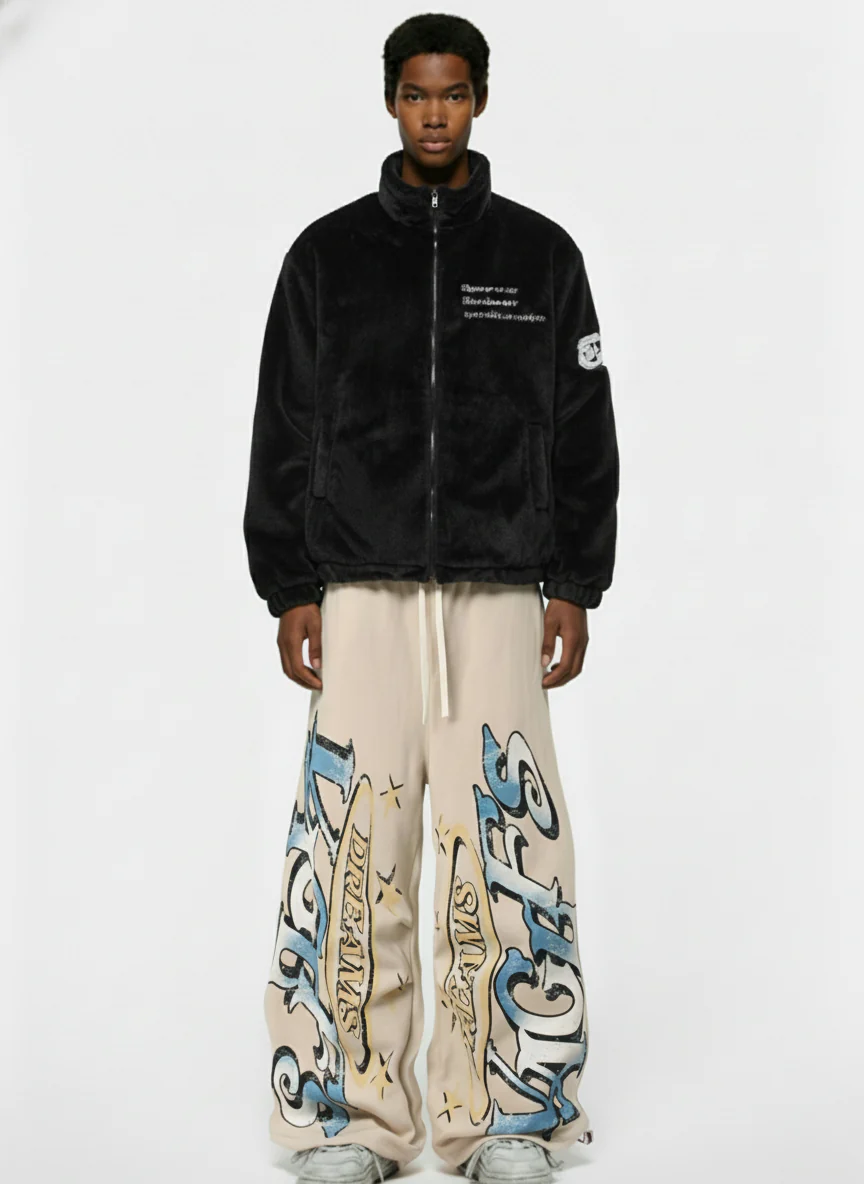 Retro Fleece-Lined Letter Graffiti Print Baggy Sweatpants - Image 3
