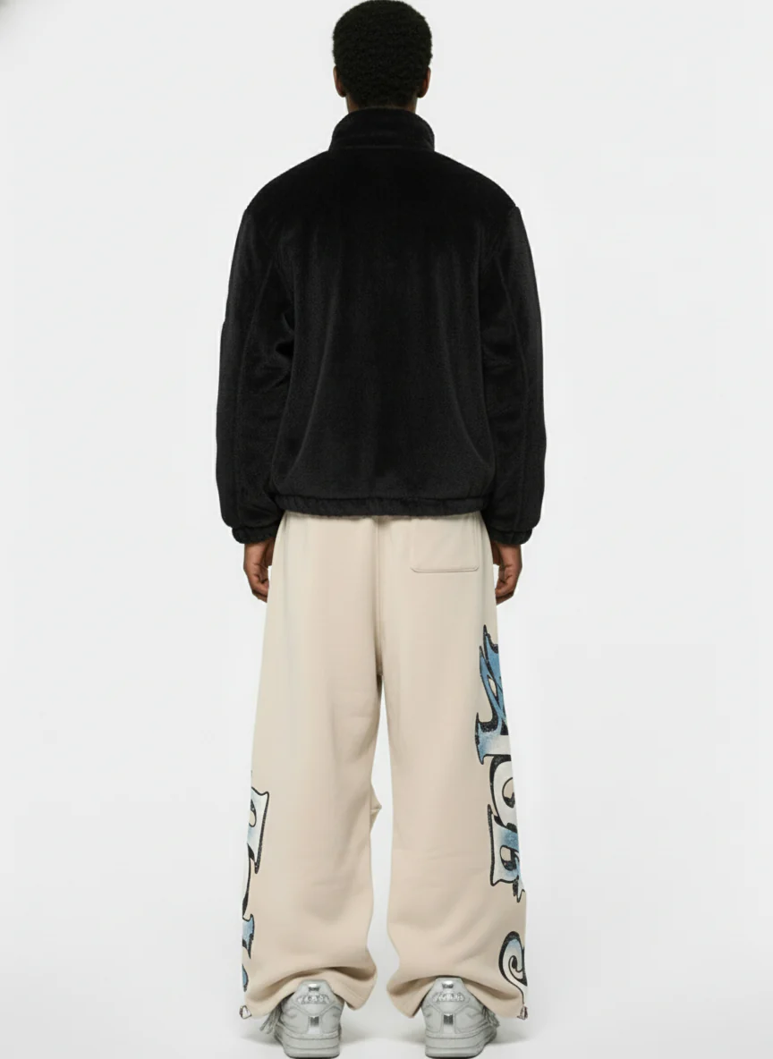 Retro Fleece-Lined Letter Graffiti Print Baggy Sweatpants - Image 4