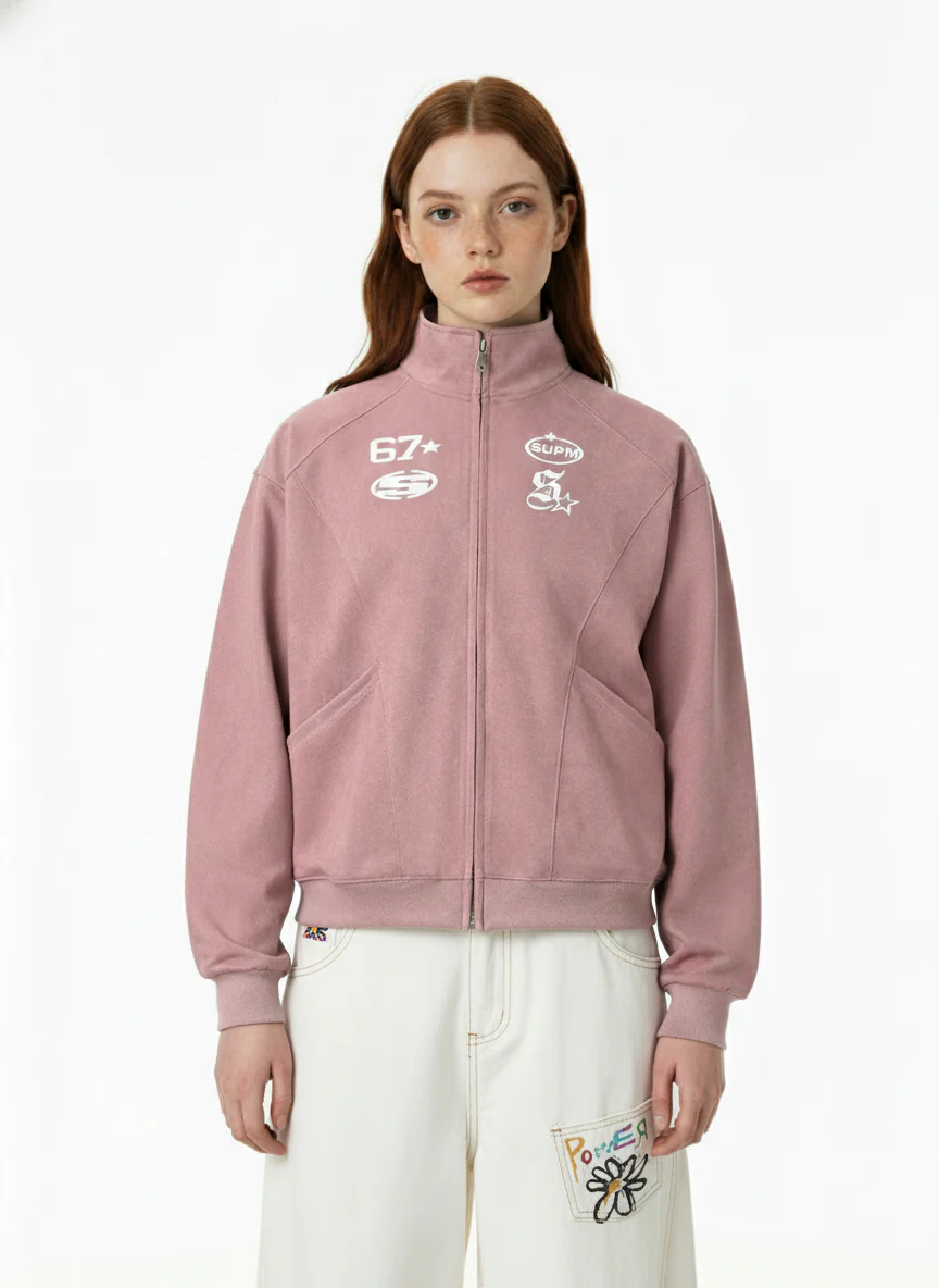 Suede Embroidered Zippered Short Jacket