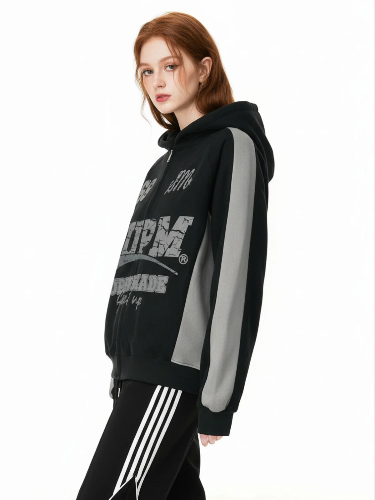 Suede Foam Letter Patchwork Zipper Shorts Jacket - Image 3