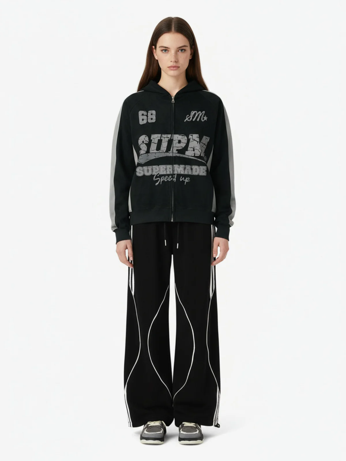 Suede Foam Letter Patchwork Zipper Shorts Jacket - Image 5
