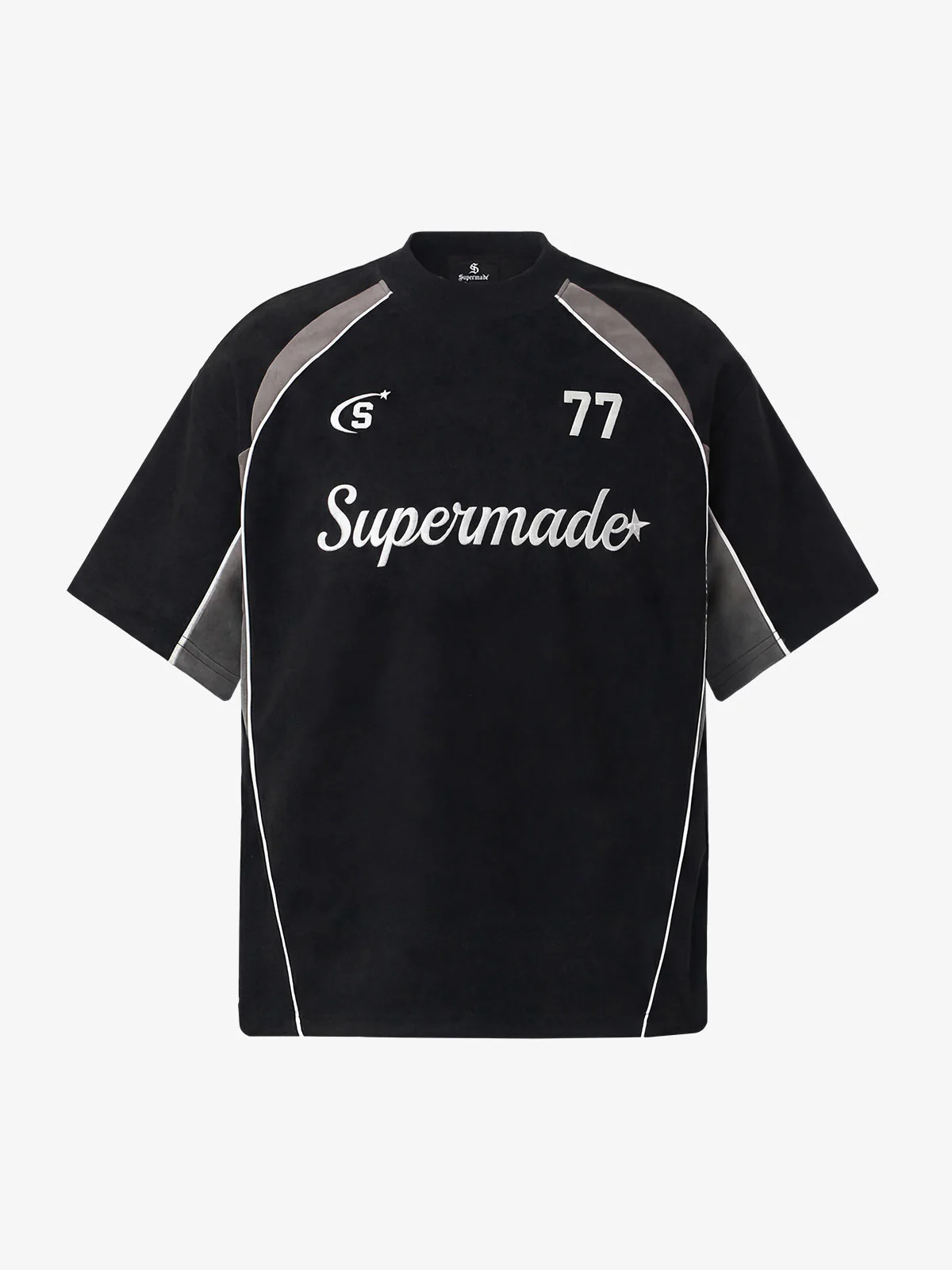 Suede Logo Embroidered Patchwork Short Sleeve T-Shirt