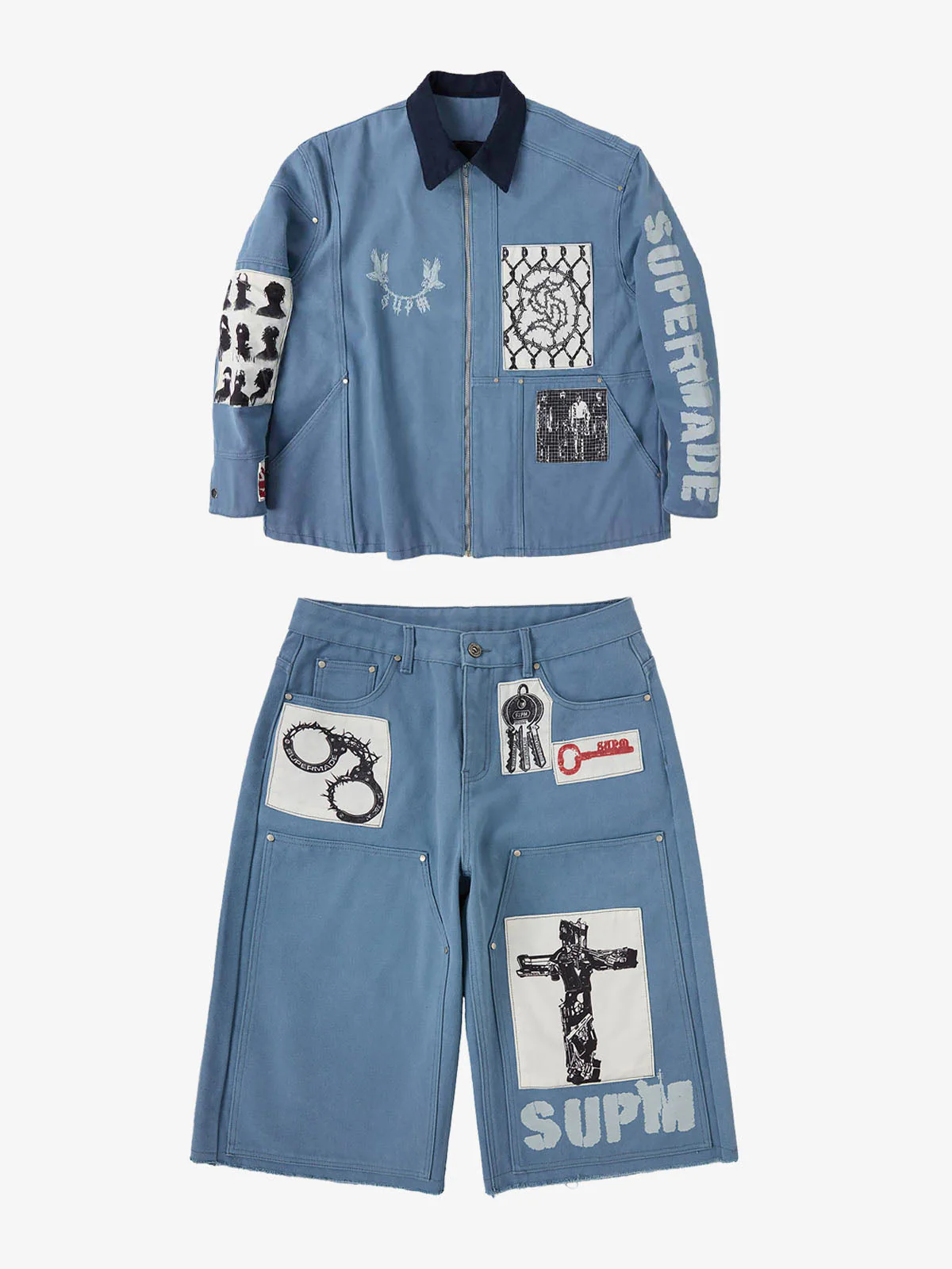 Supermade Multi-Element Appliqué Patchwork Denim Suit