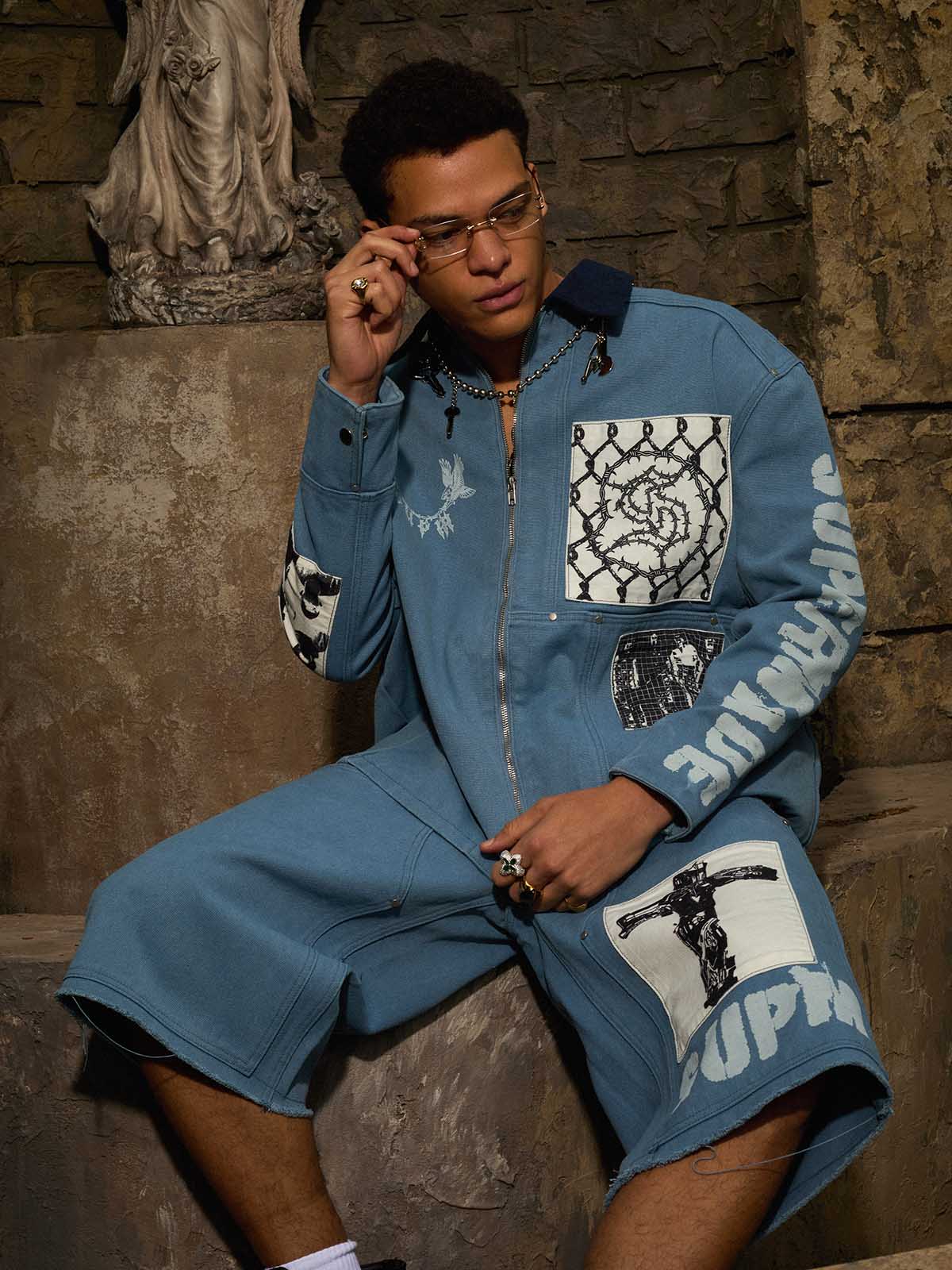 Supermade Multi-Element Appliqué Patchwork Denim Suit - Image 10