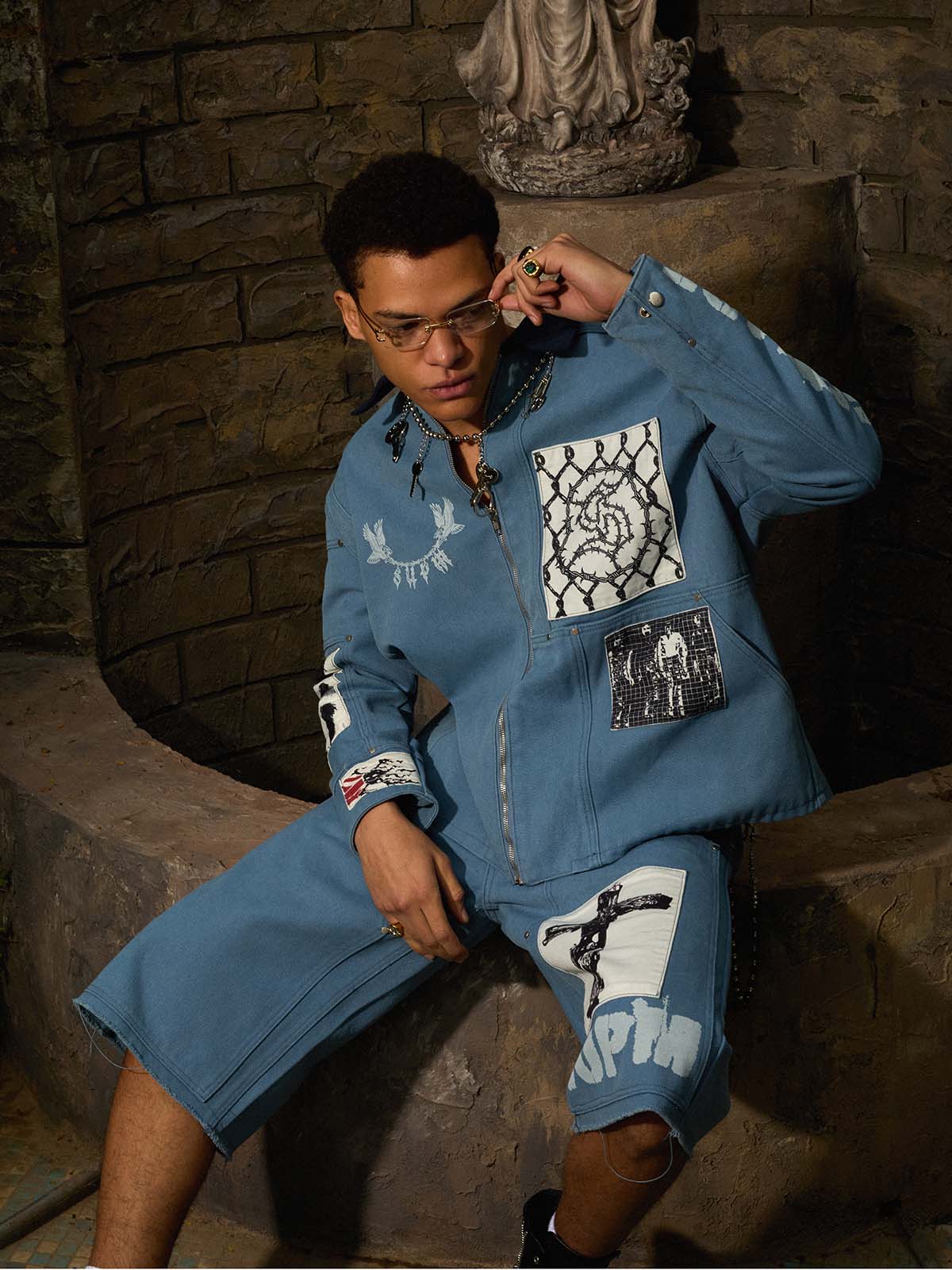 Supermade Multi-Element Appliqué Patchwork Denim Suit - Image 11