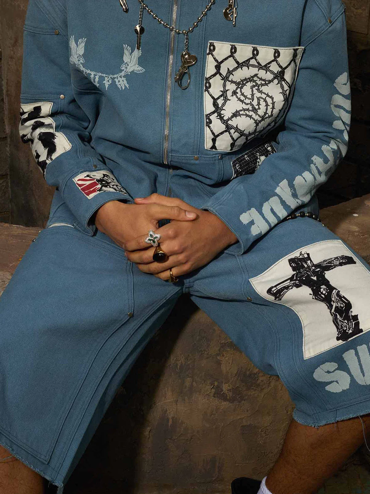 Supermade Multi-Element Appliqué Patchwork Denim Suit - Image 13