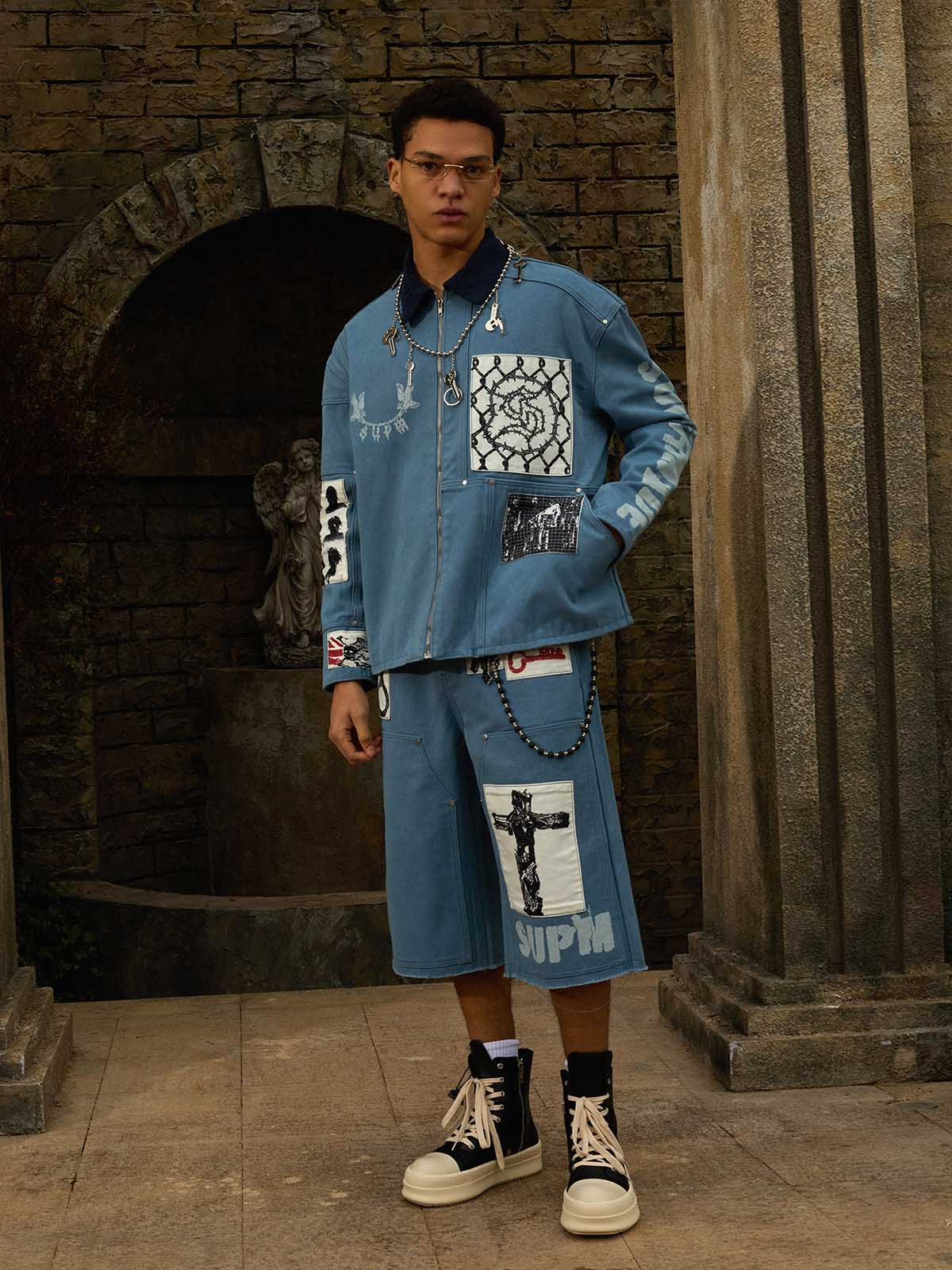 Supermade Multi-Element Appliqué Patchwork Denim Suit - Image 4