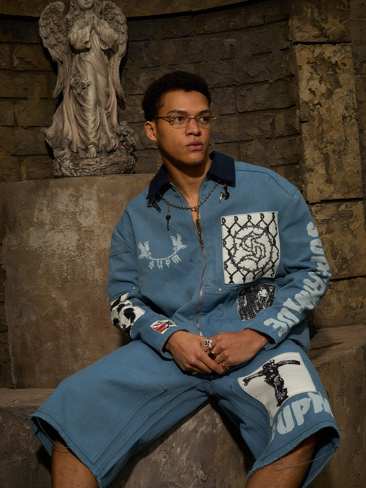 Supermade Multi-Element Appliqué Patchwork Denim Suit - Image 7