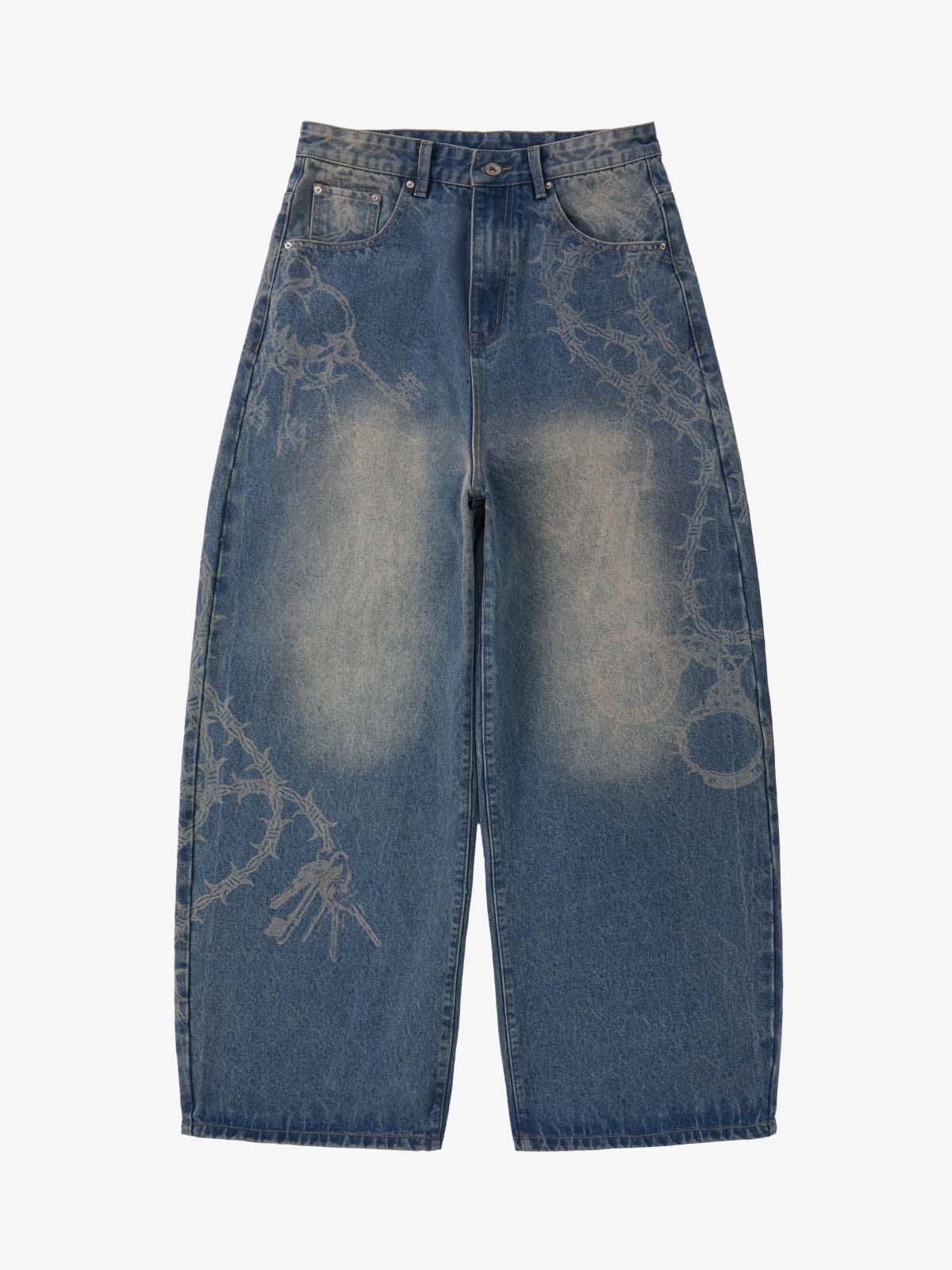 Original Retro Thorn and Key Pattern Laser-Burnout Baggy Jeans - Image 2