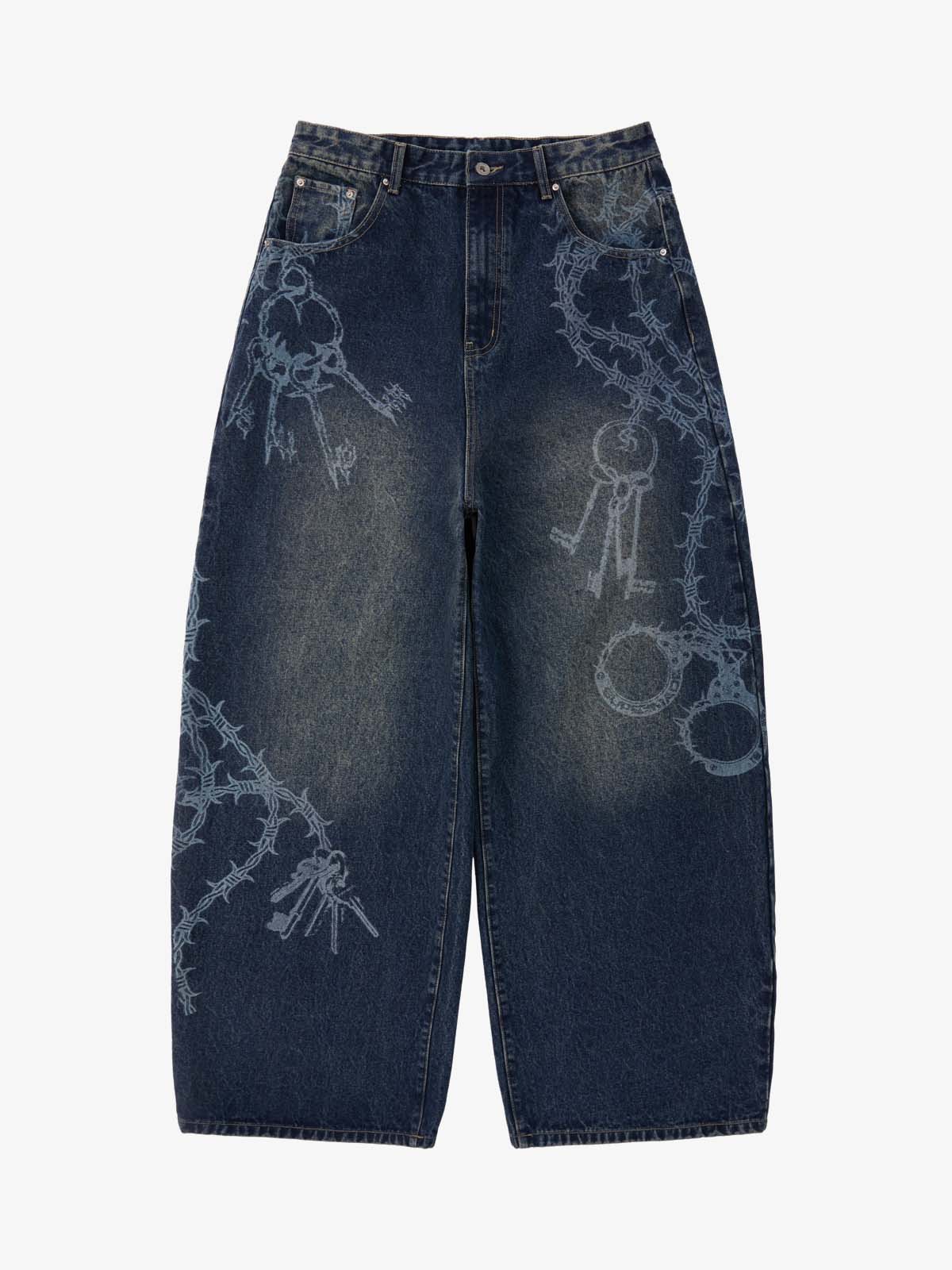 Original Retro Thorn and Key Pattern Laser-Burnout Baggy Jeans - Image 3