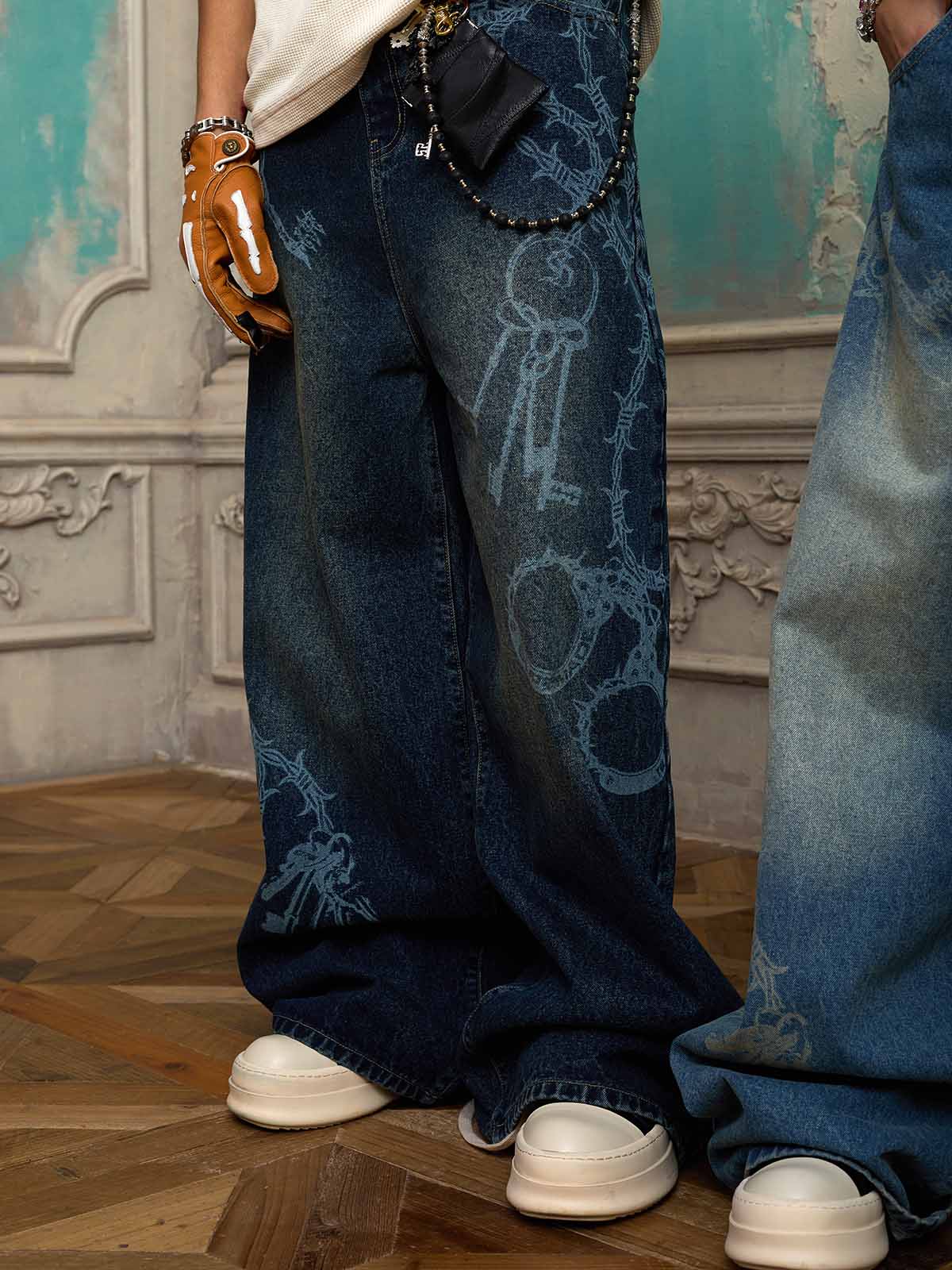 Original Retro Thorn and Key Pattern Laser-Burnout Baggy Jeans - Image 4