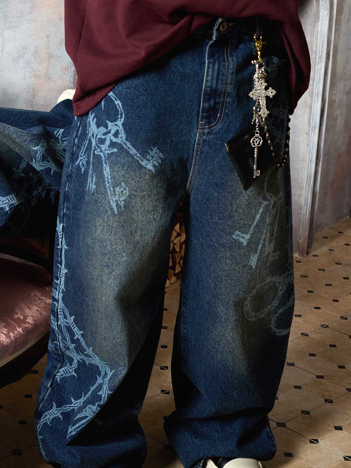 Original Retro Thorn and Key Pattern Laser-Burnout Baggy Jeans - Image 7