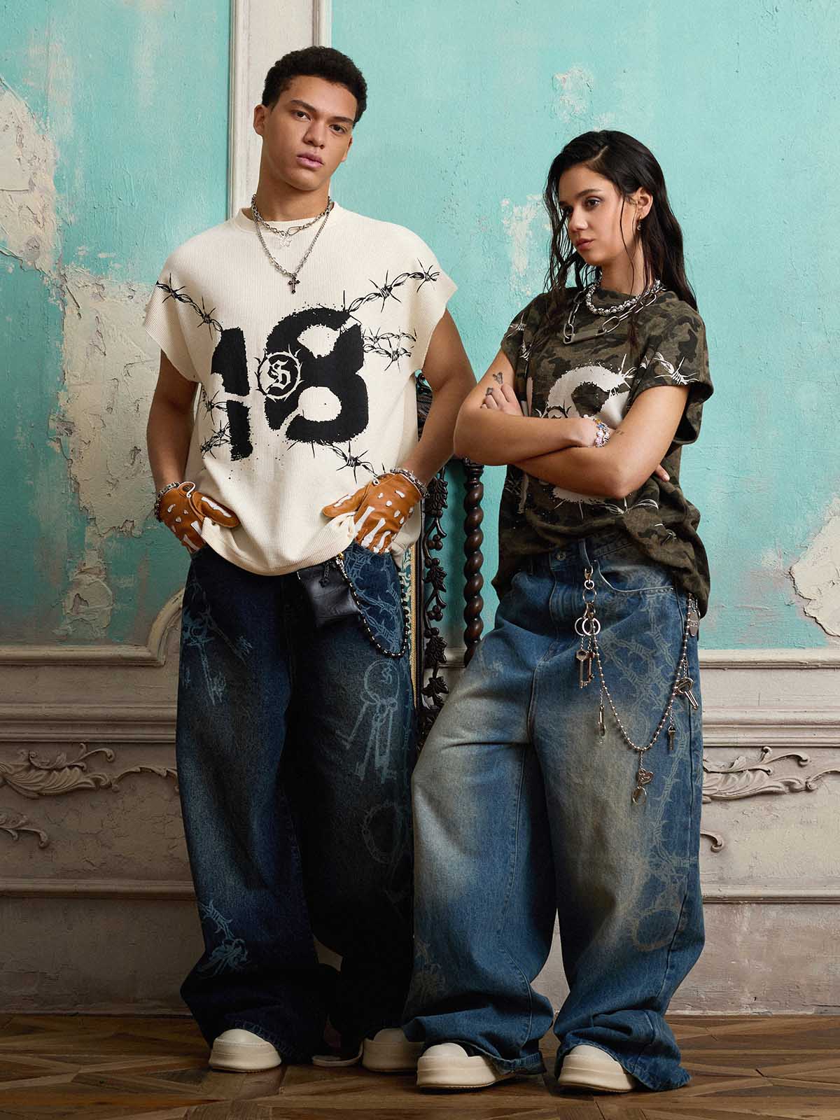 Original Retro Thorn and Key Pattern Laser-Burnout Baggy Jeans - Image 9