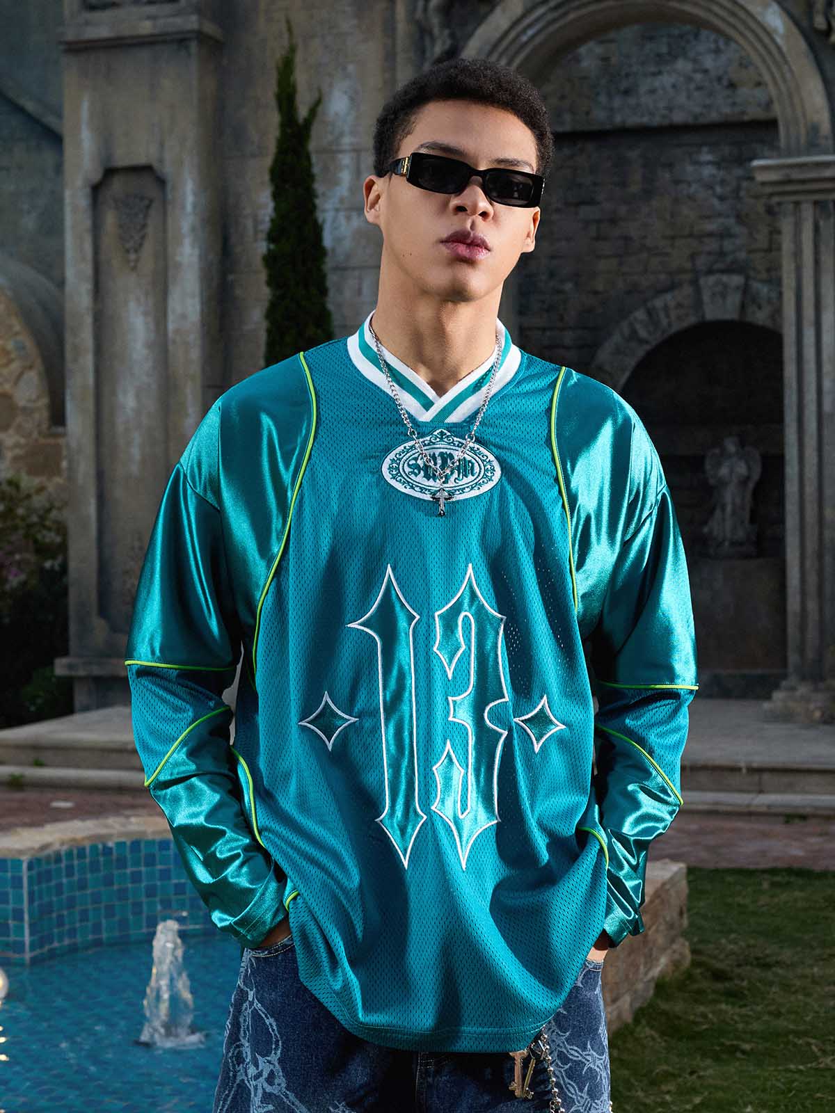 Supermade V-Neck American Gothic Font Satin Mesh Jersey - Image 12