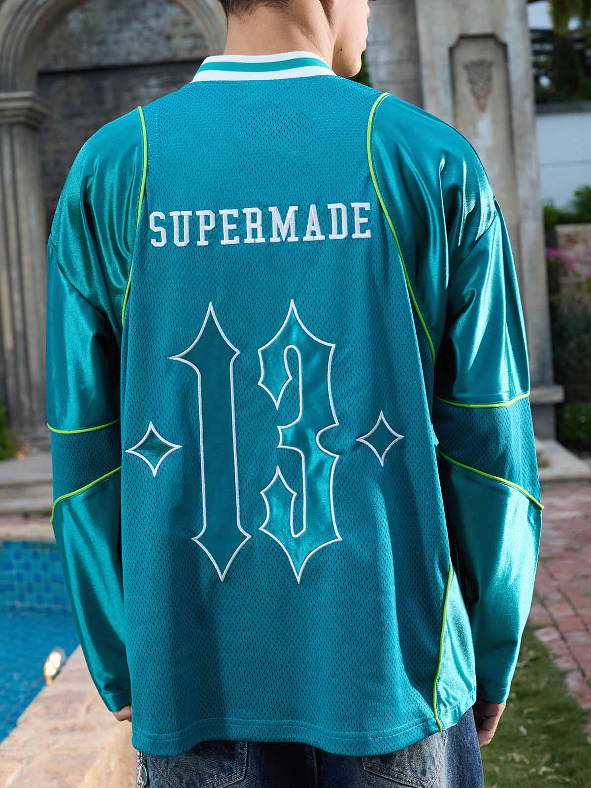Supermade V-Neck American Gothic Font Satin Mesh Jersey - Image 13