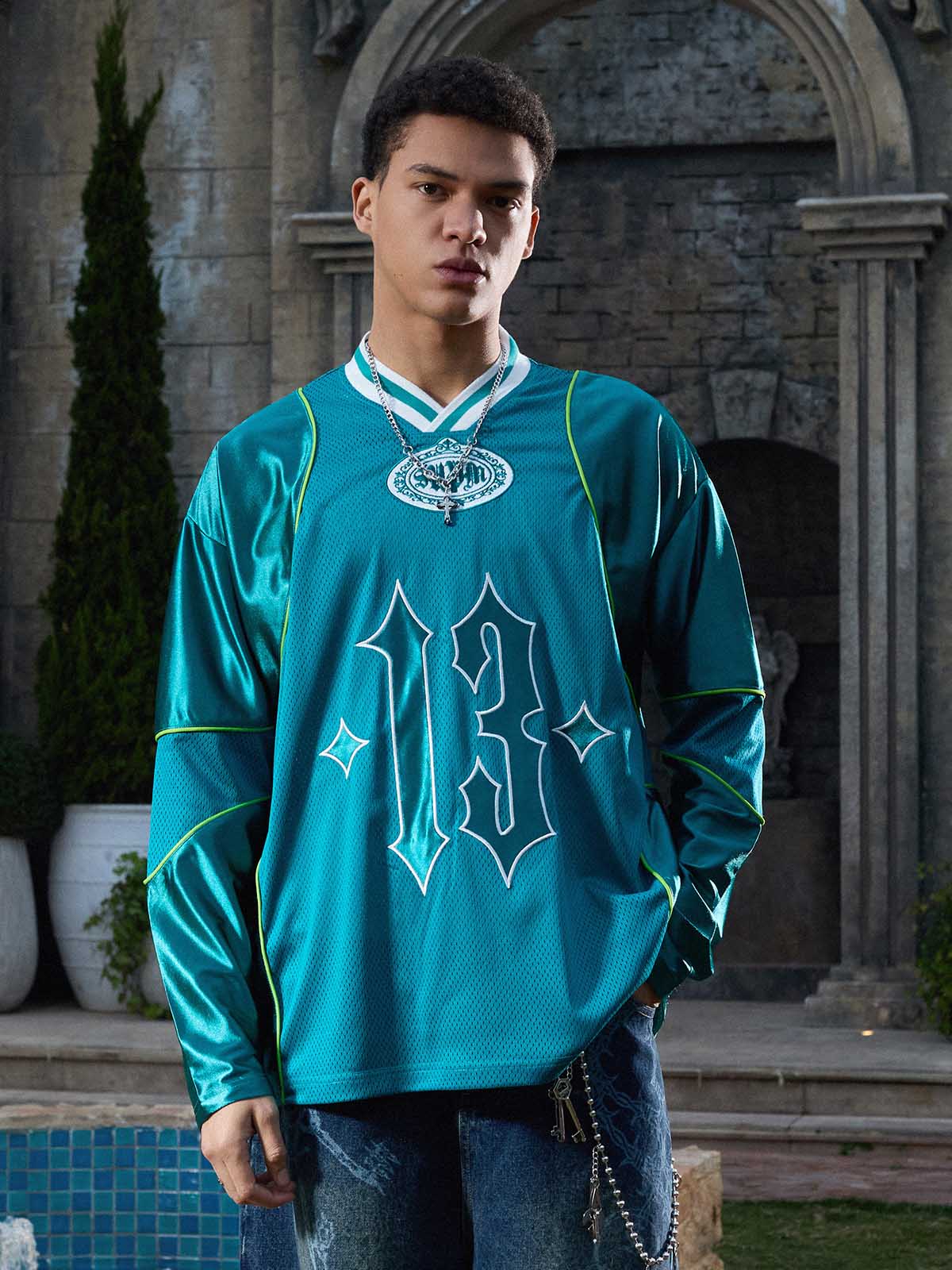 Supermade V-Neck American Gothic Font Satin Mesh Jersey - Image 14