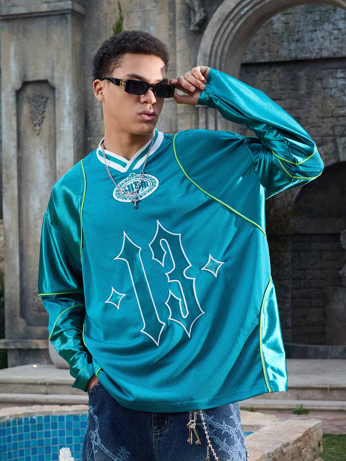 Supermade V-Neck American Gothic Font Satin Mesh Jersey - Image 15