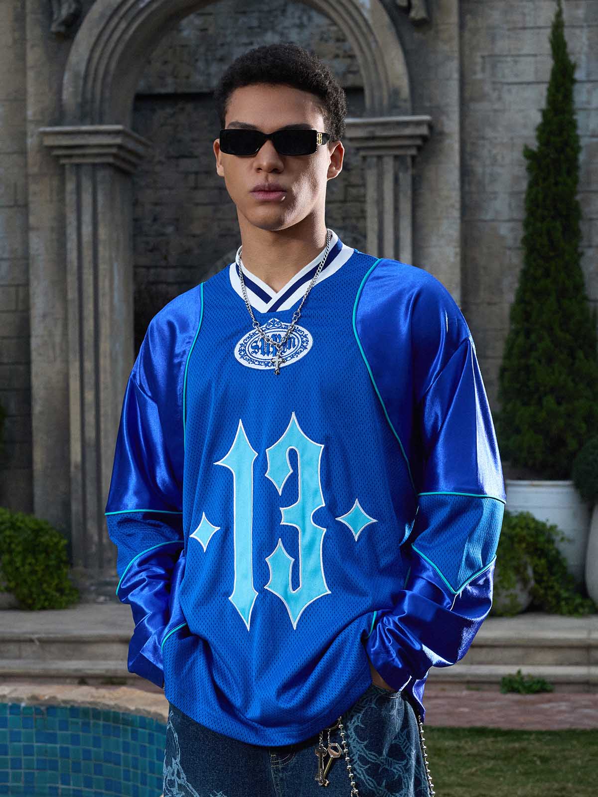 Supermade V-Neck American Gothic Font Satin Mesh Jersey - Image 7