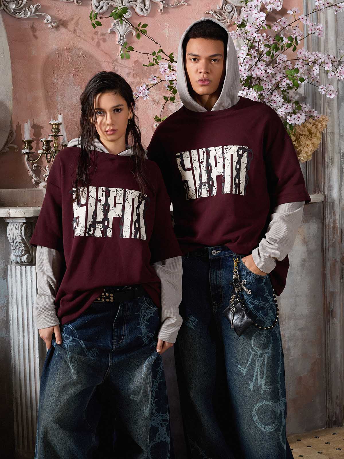 Original Print Faux Two-Piece Hooded Long-Sleeve T-Shirt